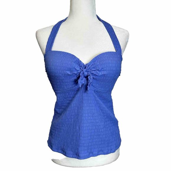 Jessica Simpson Shadow Smocked Push-up Swim Halter Tankini Top Blue Size Large - Picture 2 of 11